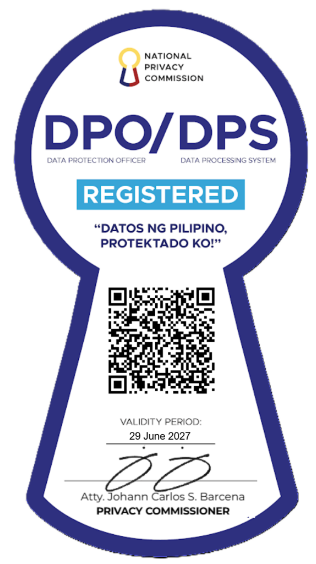Badge from the National Privacy Commission showing DPO/DPS registered, with a QR code and validity through 29 June 2027.